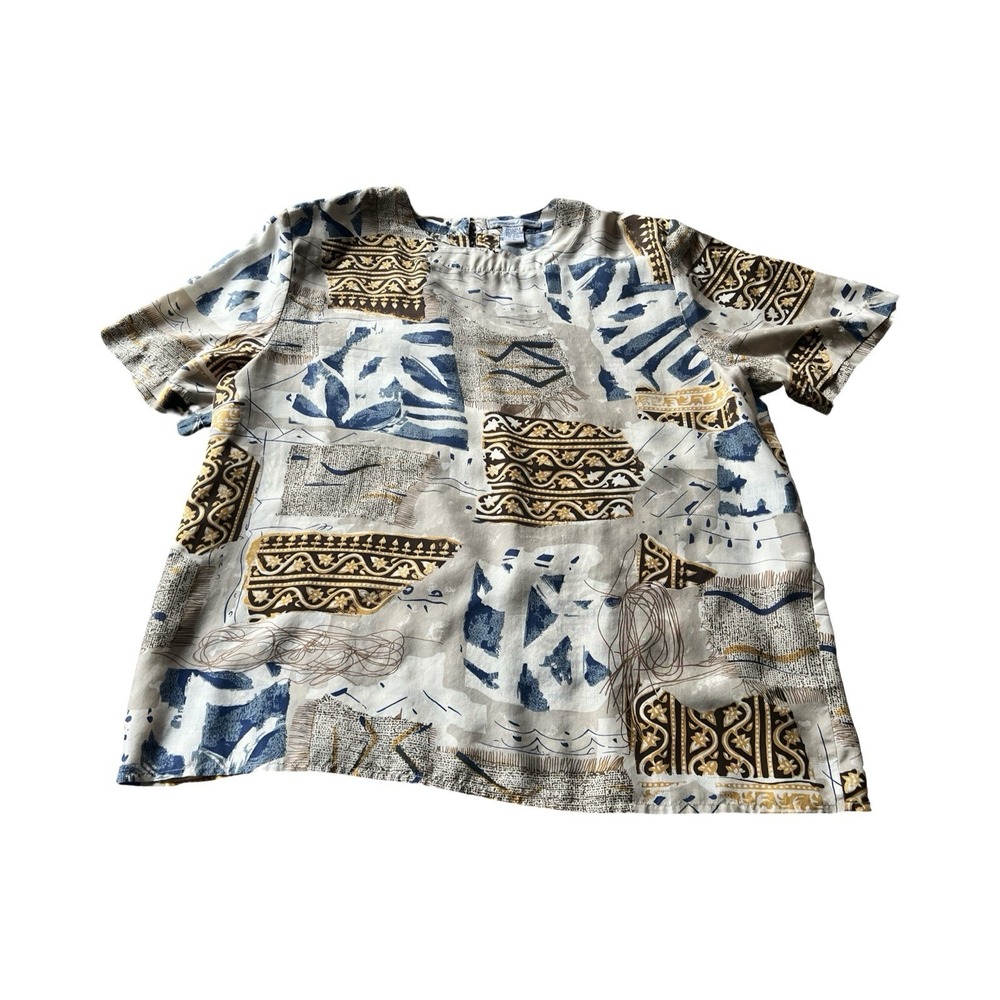 Anna & Frank Vtg Silk Blouse Short Sleeve Shoulder Pads Abstract Animal Print